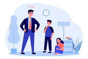Wall Mural - Angry father scolding his children. Quarrel, sadness. Flat vector illustration. Parenthood and upbringing concept can be used for presentations, banner, website design, landing web page