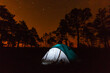 © EriksZ - Tents near forest lake in day and night time