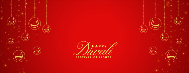 happy diwali red banner with diya decoration