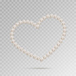 Shiny oyster pearls for luxury accessories. Pearl necklace thread of pearls. Realistic white pearls isolated on background. Beautiful natural heart shaped jewelry. Chains of pearls forming an ornament