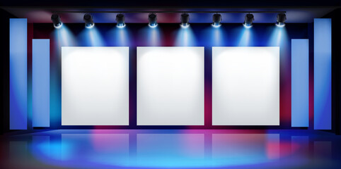 Free space for product display or advertising. Show in art gallery. Large projection screens on the stage. Vector illustration.
