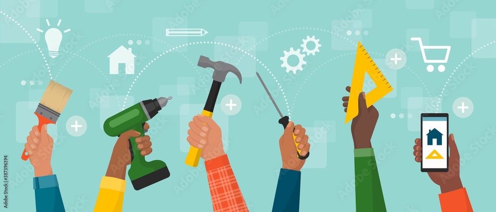 Diverse hands holding DIY tools and smartphone - obrazy, fototapety, plakaty 