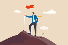 Business Goal Achievement, Success Career Development Or Motivation And Work Or Project Accomplishment Concept, Confidence Businessman Standing Proudly With Victory Flag On High Mountain Peak Up Hill.