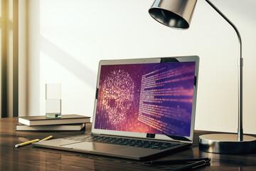 Poster - Creative code skull hologram on modern computer monitor, cybercrime and hacking concept. 3D Rendering