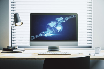 Aufkleber - Creative abstract robotics technology hologram with globe on modern computer monitor, artificial intelligence and machine learning concept. 3D Rendering