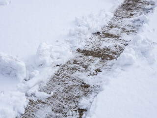 Garden pathway in the backyard is cleared of white snow.