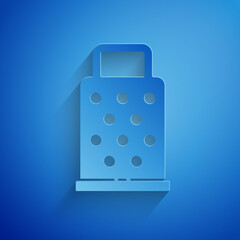 Poster - Paper cut Grater icon isolated on blue background. Kitchen symbol. Cooking utensil. Cutlery sign. Paper art style. Vector.