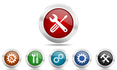 Poster - Tools and services vector icons, set of technology concept silver metallic glossy web buttons