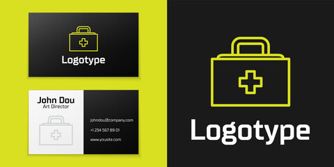 Sticker - Logotype line First aid kit icon isolated on black background. Medical box with cross. Medical equipment for emergency. Healthcare concept. Logo design template element. Vector Illustration.