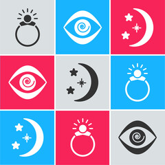 Poster - Set Magic stone ring with gem, Hypnosis and Moon and stars icon. Vector.