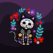 Day of the death Dia de los muertos cat with sugar skull mask head with colorful flower wreath