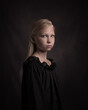 © Milou Dirks - Renaissance portrait of a blonde girl in black dress in dark painterly Rembrandt art style