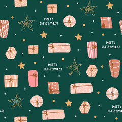 Wall Mural - Christmas and Happy New Year seamless pattern with cute gifts and stars.