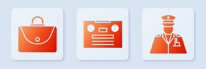 Sticker - Set Retro audio cassette tape, Briefcase and Police officer. White square button. Vector.