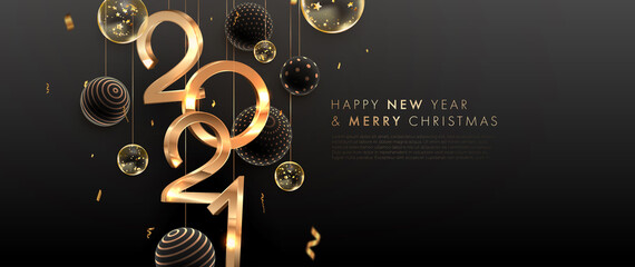 2021 3d golden numbers for Christmas and New Year posters and holiday winter invitations with gold glitter and confetti Xmas decorations. Vector illustration