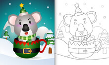 Coloring Book With A Cute Koala Christmas Characters With A Hat And Scarf In The Elf Cup