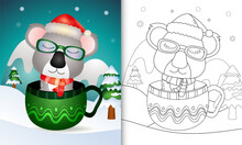 Coloring Book With A Cute Koala Christmas Characters With A Santa Hat And Scarf In The Cup
