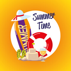 Sticker - summer vacation travel, surfboard float sandcastle hat cocktail label