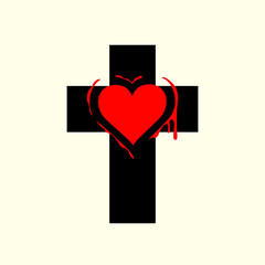 Sticker - Sign of the black Christian cross with a red heart on a light background. Creative vector illustration, religious symbol, icon, logo, emblem, design element, graphic print, tattoo, t-shirt design