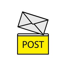 Envelope In Yellow Post Box Icon, Flat Style. Vector Illustration.