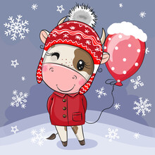 Cartoon Bull In A Red Hat With Balloon