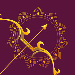 Wall Mural - gold bow with arrow in front of mandala ornament of happy dussehra vector design