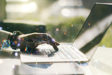 Aufkleber - Creative concept of wireless technology and hands typing on laptop on background. Big data and database concept. Multiexposure
