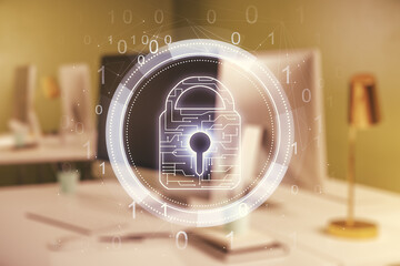 Poster - Creative idea concept with lock symbol and microcircuit illustration on modern laptop background. Protection and firewall concept. Multiexposure