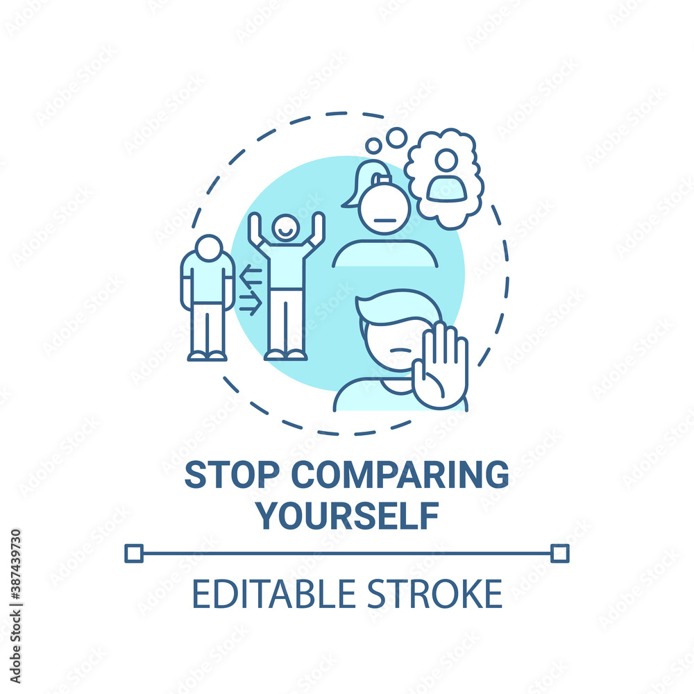 Stop comparing yourself concept icon. Body positivity tips. Loving yourself everyday. Unique people look idea thin line illustration. Vector isolated outline RGB color drawing. Editable stroke - obrazy, fototapety, plakaty 