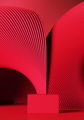 Poster - Minimal background for branding and product presentation. Red podium with subtle circular geometric pattern. 3d rendering illustration. Clipping path of each element included.
