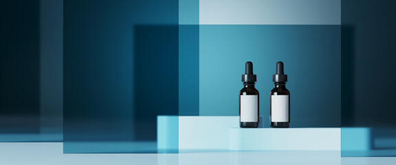 Poster - Minimal background for branding and product presentation. Blue frosted glass panel and blue podium on blue background. 3d rendering illustration. Clipping path of each element included.