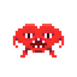 Angry red space invader monster, game enemy in pixel art style on white