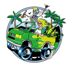 Skeleton with Jamb and Blondie Girl driving Van with Cannabis Bushes. Poster or T-shirt Designs. Vector Illustration.