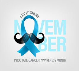 Poster - Prostate cancer awareness month concept with light blue silk ribbon and moustache