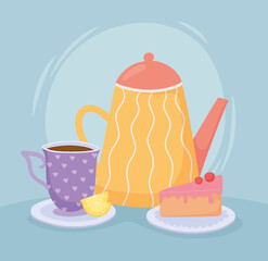 Sticker - tea, teacup teapot lemon and slice cake