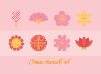 Canvas Print - flower fan and ornament oriental element decoration set icons color design