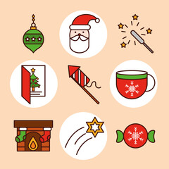 Poster - happy merry christmas, set icons include santa star ball card and chimney line fill icon