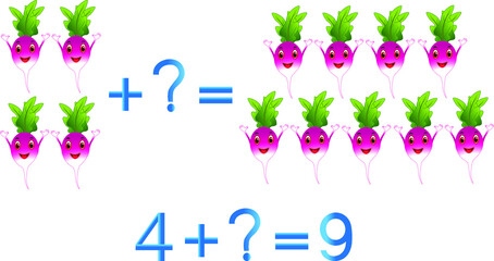 Educational games for children, mathematical addition, example with radishes.