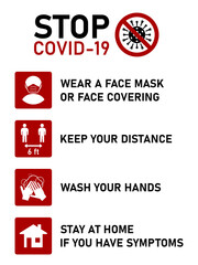 Poster - Stop Covid-19 Coronavirus Instructions in English including Wear a Face Mask or Face Covering, Keep Your Distance 6 ft or 6 Feet, Wash Your Hands and Stay at Home If You Have Symptoms. Vector Image.