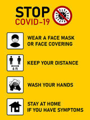 Poster - Stop Covid-19 Coronavirus Instructions in English including Wear a Face Mask or Face Covering, Keep Your Distance 6 ft or 6 Feet, Wash Your Hands and Stay at Home If You Have Symptoms. Vector Image.