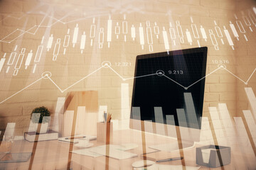 Double exposure of stock market graph drawing and office interior background. Concept of financial analysis.