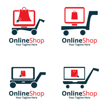 Set of Online Shop Logo designs Template. Illustration vector graphic of  smartphone,shop bag, computer  combination logo design concept. Perfect for Ecommerce, sale, store web element.