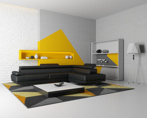 Bright interior. black leather sofa in the living room. 3d rendering