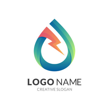 water thunder logo, water and thunder , combination logo with 3d colorful style