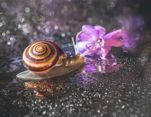 brown snail crawls towards a purple flower against a backdrop of brilliant bright bokeh. a closeup of a brown snail that crawls towards a purple flower. brown snail on a background of shiny drops