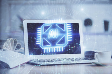 double exposure of desktop computer and technology theme hologram. concept of software development.
