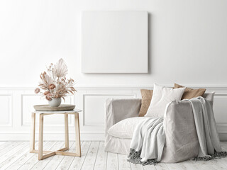 Wall Mural - Mockup poster square frame on the wall in living room interior with armchair, 3d render, 3d illustration