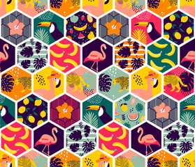 Wall Mural - Tropical hexagon pattern - seamless exotic floral elements and jungle animals background - surreal tropical elements