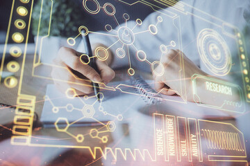double exposure of woman's hands on background with technology and digital coding icons. data develo