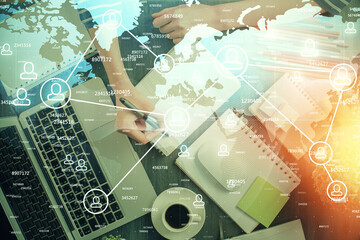Poster - Social network theme hologram over woman's hands writing background. Concept of international people connect. Double exposure